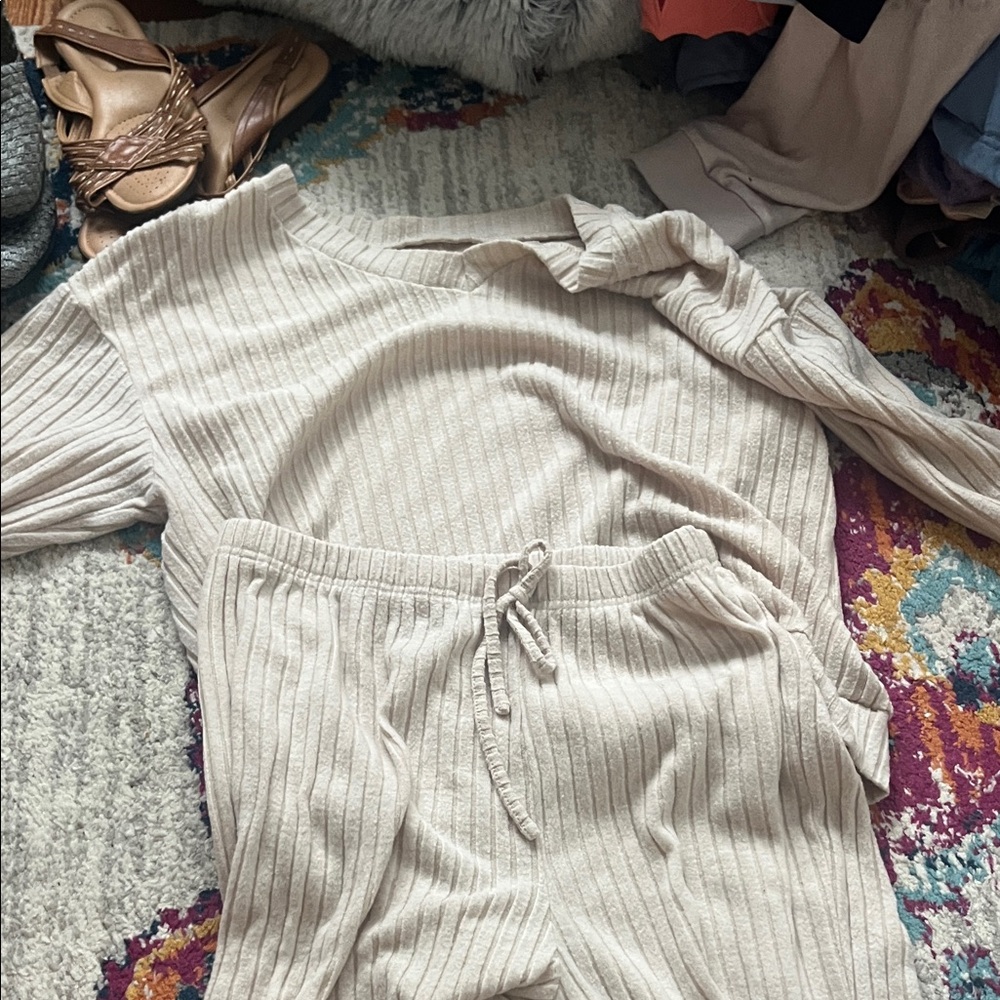 Women's Cream Ribbed Lounge Set